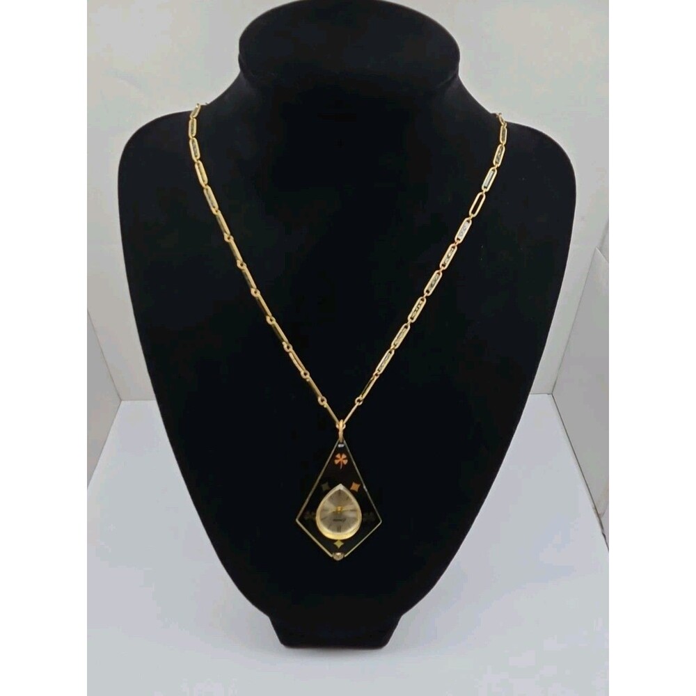 Vintage Endura Swiss Made Black Enamel Clover Pendant Watch Necklace Manual Wind
